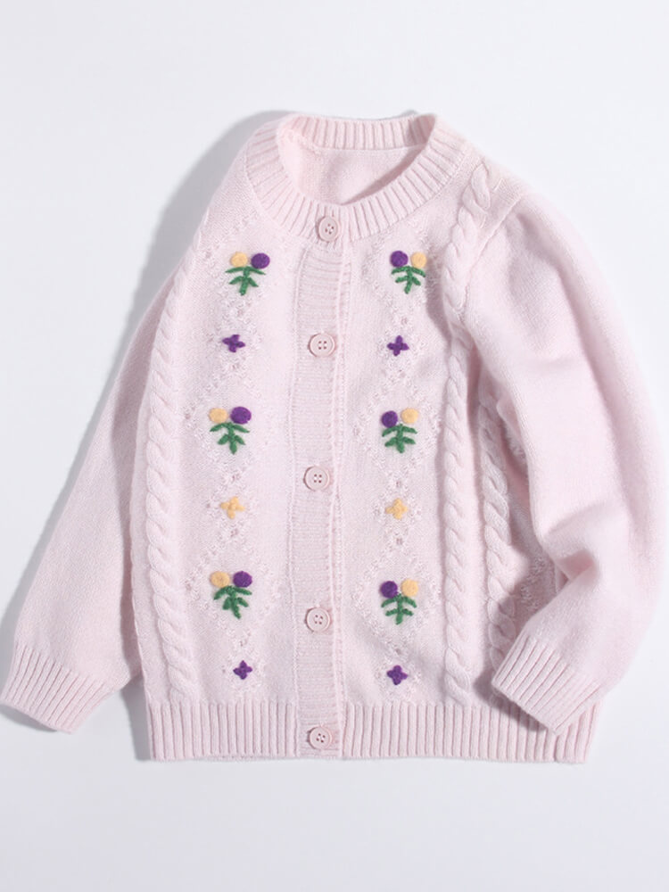 (image for) Girls Light Pink Floral Embroidered Cable Knit Cashmere Cardigan
